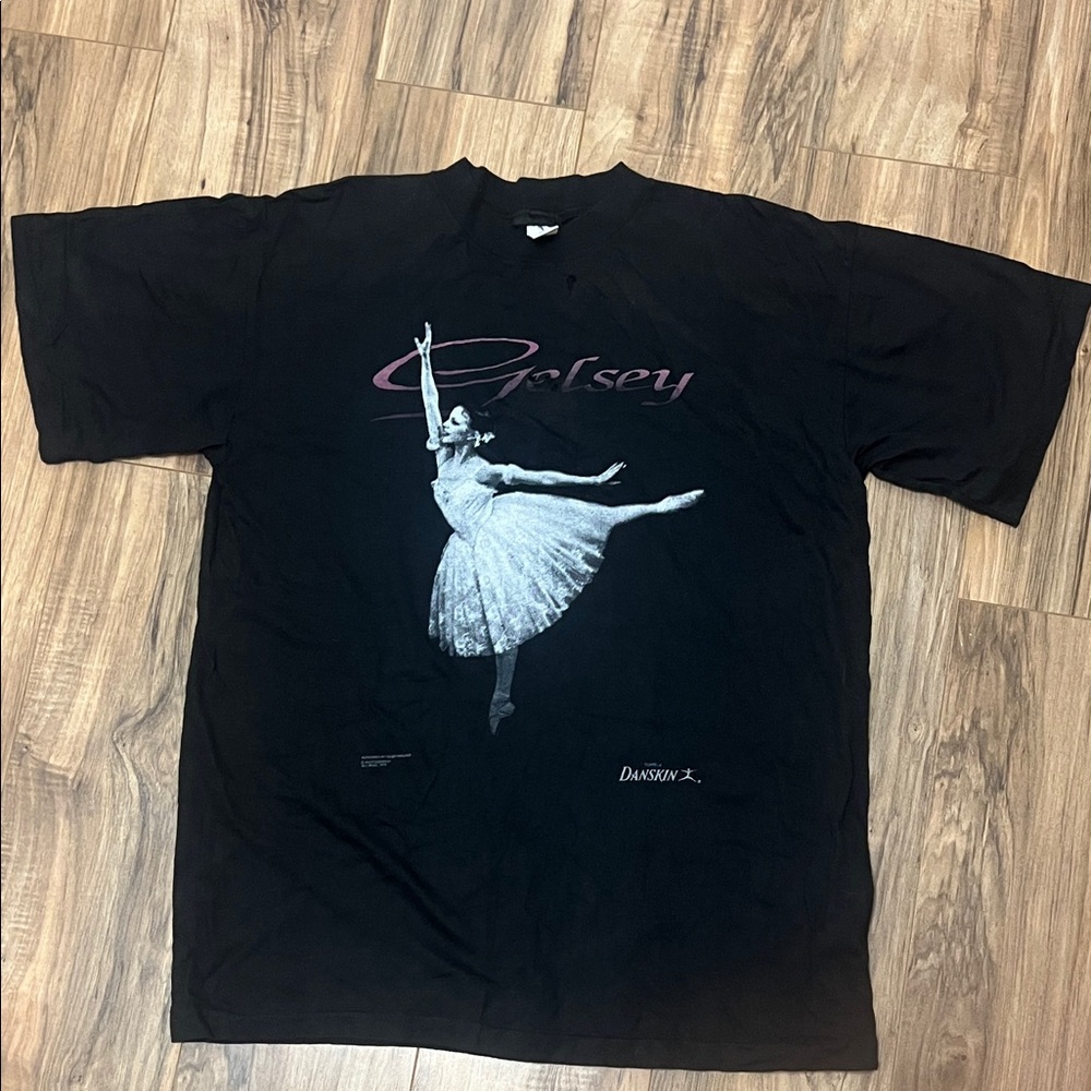 Vintage Black Ballet Graphic Tee with White and Pink Print